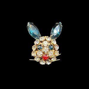 Vintage Bunny Brooch Midcentury Rhinestones Blue White Red in Gift Box